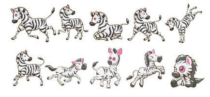 conjunto de dibujos animados de cebra estilo kawaii
