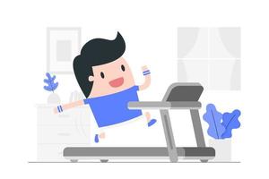 Young man running on a treadmill at home. vector