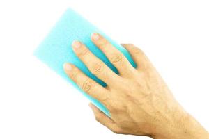 Hand hold blue sponge cleaning
