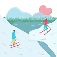 Couple Skiing Towards Each Other on Mountain vector