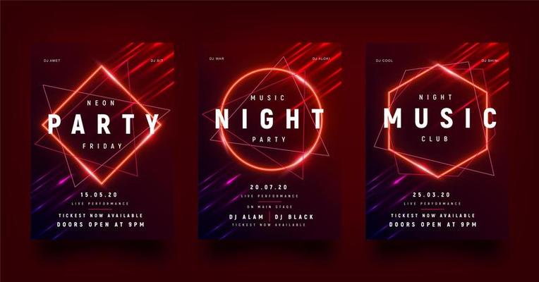 Glowing Red Geometric Shape Party Flyer Set