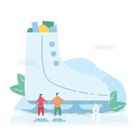 Couple Ice Skating with Large Ice Skate in Background vector