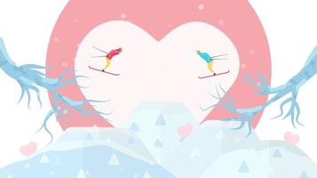 Couple Skiing Towards Each Other in Front of Heart vector