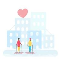 Romantic Couple Skiing in City vector