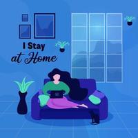 Bright Poster with Woman Staying Home on Couch Working vector