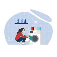 mujer poniendo ropa en la lavadora vector