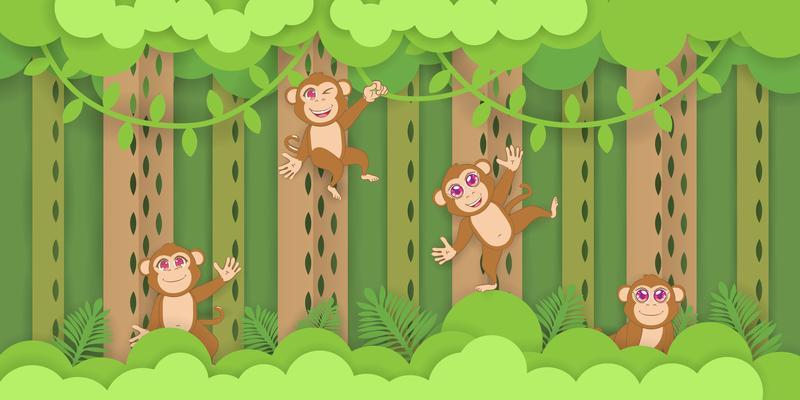 Monkeys Playing in Tropical Forest