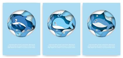 tarjeta de corte de papel con ballenas y delfines vector