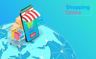 Online Mobile Shop and Cart on Globe vector