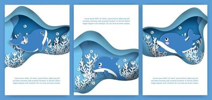 Paper Cut Card Set with Cute Dolphin vector