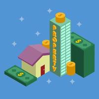 Isometric Skyscraper and House with Tall Stacks of Money vector