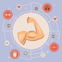 Muscle Arm Flexing in Circle with Surrounding Icons vector