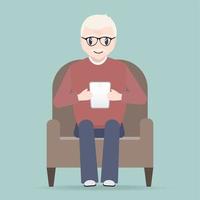 Sitting elderly man holding a smartphone vector