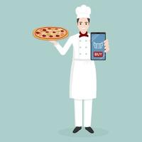 Chef holding a pizza and mobile phone vector