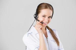 Woman customer service worker, call center smiling operator photo