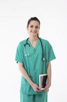 Portrait of healthcare worker wearing uniform and stethoscope. photo