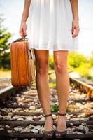 Girl with retro suitcase on railway