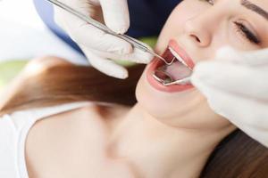 Skilled young dentist is treating female health