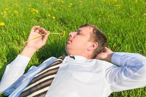 businessman lying on the grass and sniffs dandelion photo