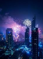 Night view cityscape of Bangkok with Fireworks
