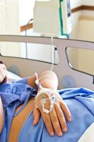 paciente de mano con un goteo intravenoso foto