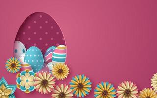 Pink Easter Card with 3D Eggs with Cut Paper Egg Shape  vector