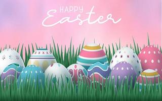 Happy Easter Background with Eggs in Grass with Pink Sky vector