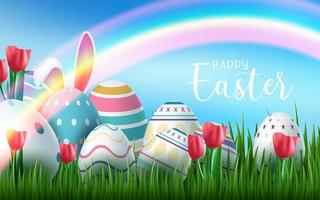 Happy Easter Greetings with. Easter eggs and Rainbow  vector