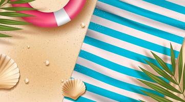 Top View Beach Background with Lifesaver Ring and Towel vector