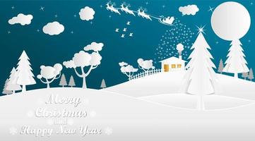 papel cortado estilo paisaje de invierno de santa y trineo vector