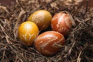 Easter eggs in nest on color wooden background photo