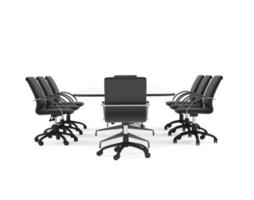 mesa de conferencia y sillas de oficina negras. vista frontal. aislado foto