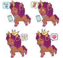 coloridos unicornios afro con diferentes expresiones vector