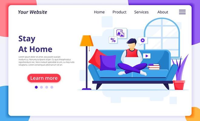 Man staying at home using laptop landing page