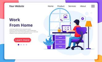 Man on computer working from home landing page vector