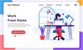 Woman working from home on computer landing page vector