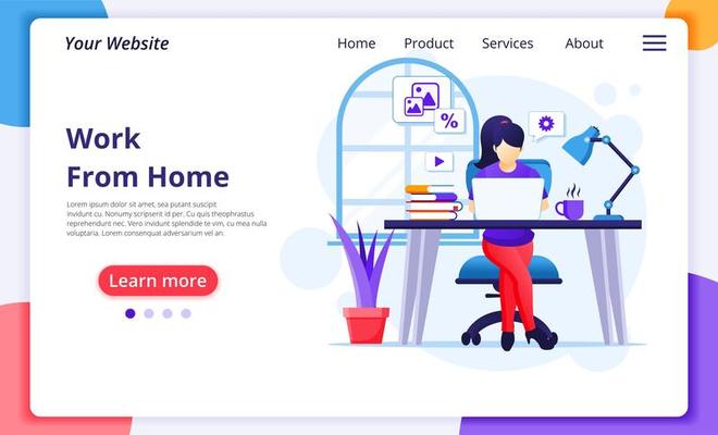 Woman working from home on computer landing page
