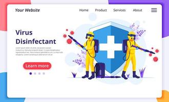 Workers spraying disinfectant in front of shield landing page vector