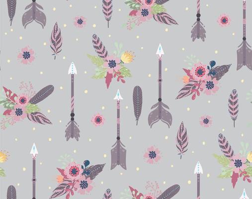Ethnic feathers, arrows and flowers seamless pattern