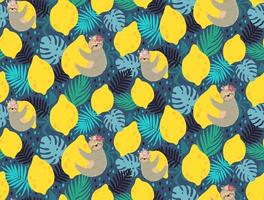 Seamless pattern with sloth, lemon and tropical leaves vector