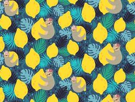 Seamless pattern with sloth, lemon and tropical leaves vector