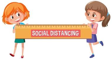 Social Distancing with Two Happy Girls Holding Big Ruler vector