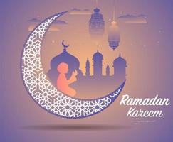 saludo de Ramadán Kareem con gran luna creciente adornada vector