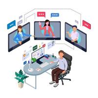 Man working from home in an online meeting vector