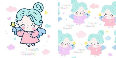 Angel fairy character and seamless pattern vector