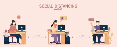 Working people social distancing to prevent COVID-19 vector