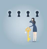 Business woman with key choosing a key hole vector