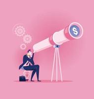 Business man looking through telescope at money vector