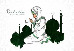 Ramadán Kareem saludo con mujer rezando vector