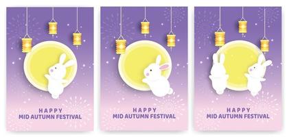 Autumn festival card set with rabbits and moon vector